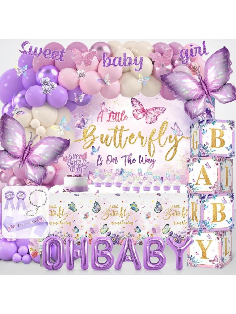 Butterfly Baby Shower Decor Set - Pink & Purple Backdrop, Cake Toppers, Balloons